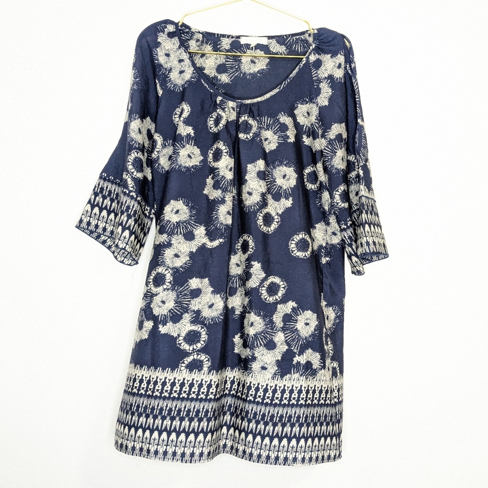 GLAM Medium Blue & Cream Abstract Floral Cold Should Half Sleeve Mini Dress